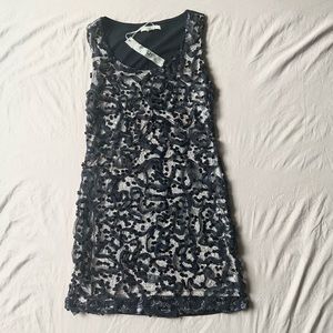 Size L Strapless Black Stretch Shift Dress with Sequins and Silver Threading